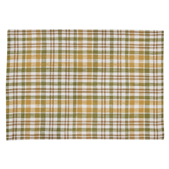 A rectangular woven placemat with a plaid pattern in mustard yellow, sage green, and white, shown flat against a solid white background.
