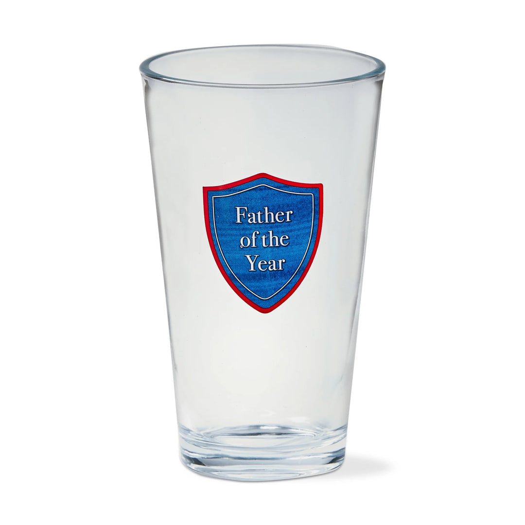 Clear glass with a blue shield emblem and 'Father of the Year' text on a white background