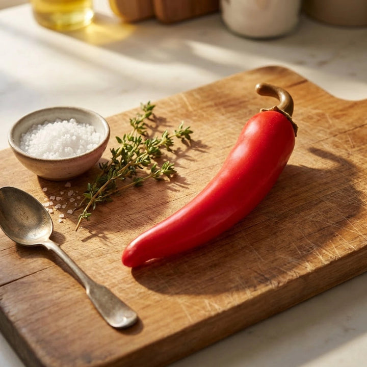 Red chili pepper on a wooden cutting board with salt, thyme, and a spoon.