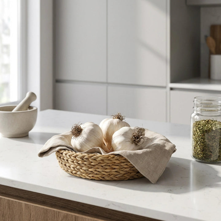 White pumpkins in a woven basket on a kitchen counter with a jar of herbs in the background.