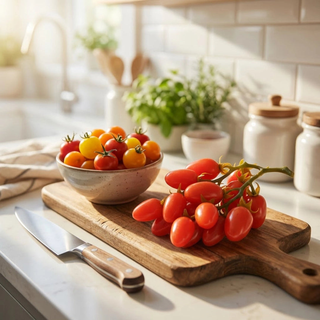 Bowl of cherry tomatoes on a wooden cutting board with a knife in a kitchen setting.