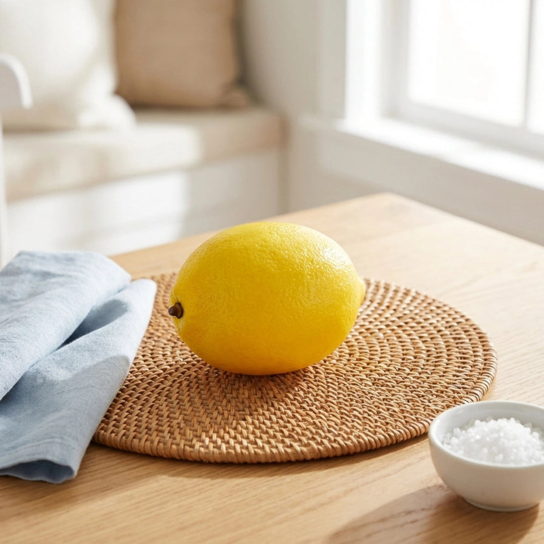 Yellow fruit on a woven mat with a blue cloth and small bowl on a wooden surface.