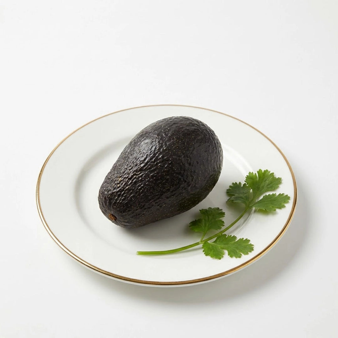 Avocado on a white plate with gold rim on a light gray background