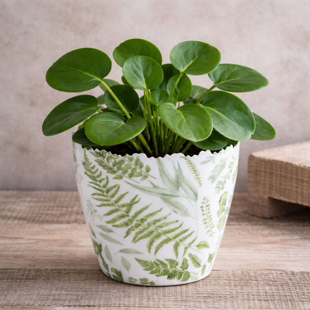 Potted plant in a decorative pot with a leaf pattern on a wooden surface.