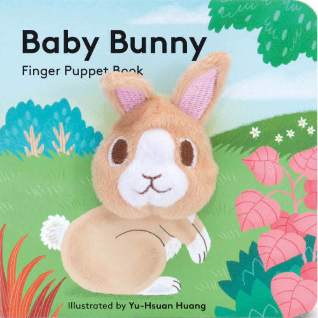 Book cover of 'Baby Bunny Finger Puppet Book' with a bunny puppet on a colorful background.