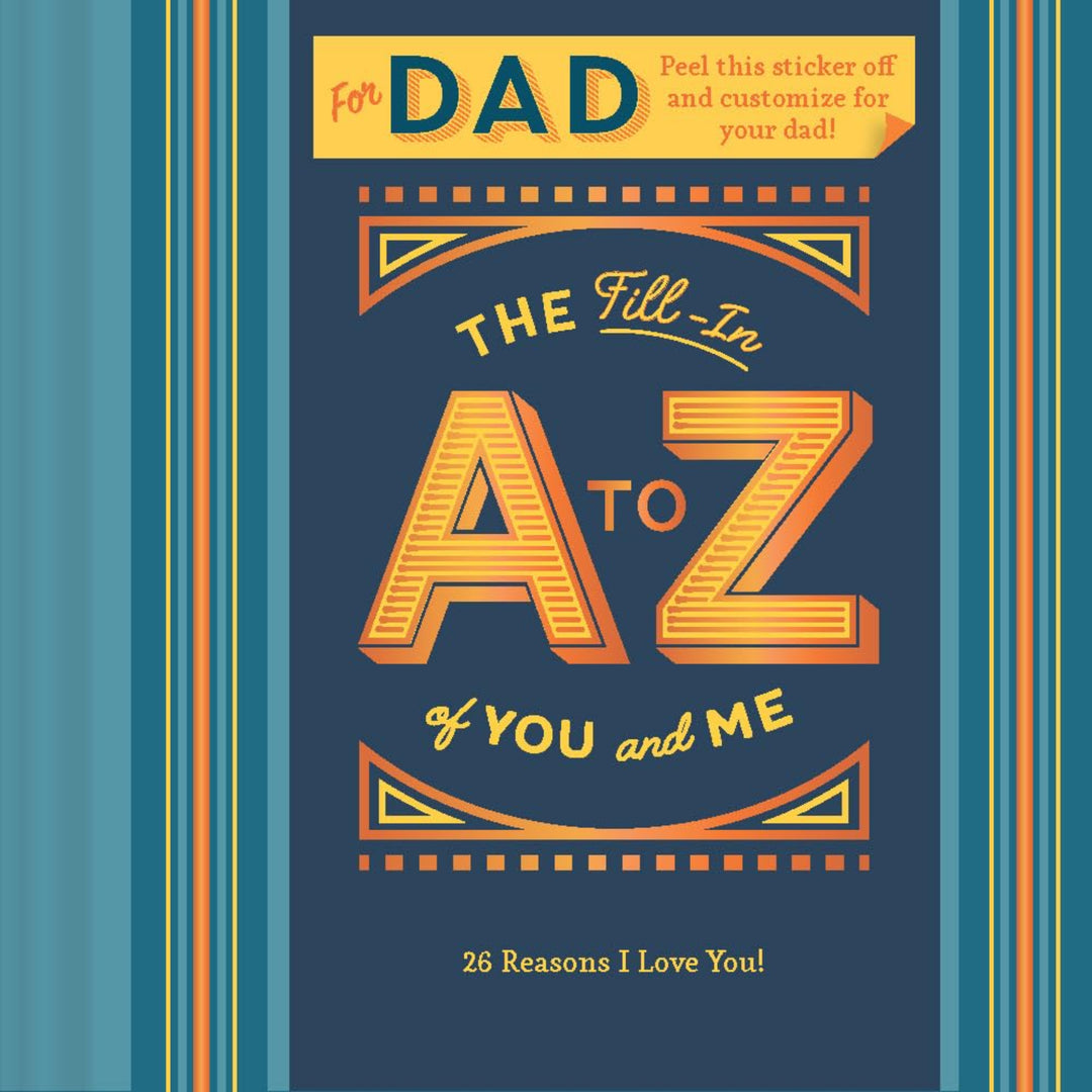 Book titled 'The Fill-In A to Z of You and Me' for Dad on a blue background