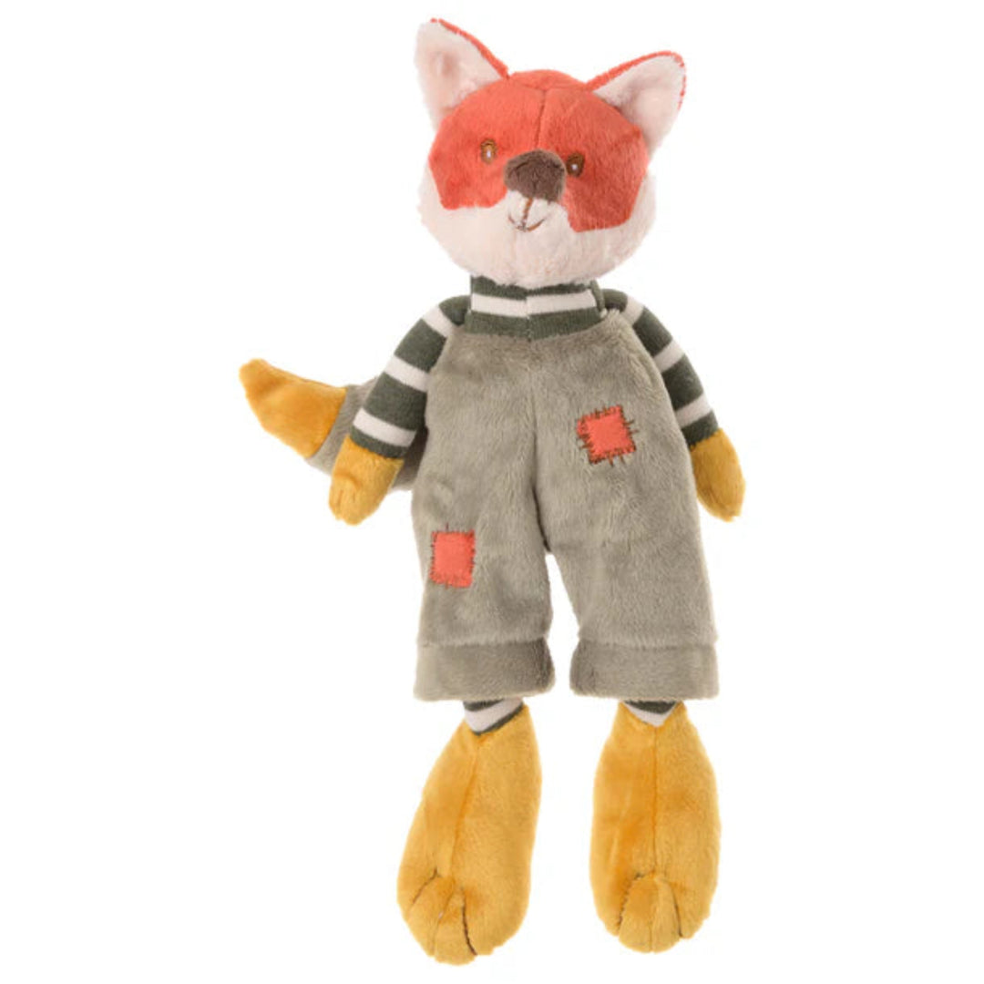 Plush toy fox wearing overalls on a white background