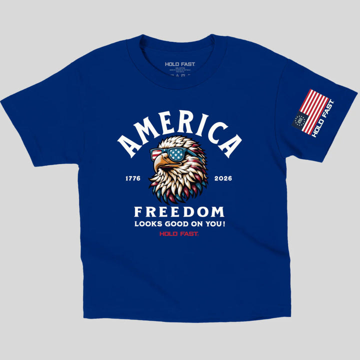Blue t-shirt with 'America Freedom' graphic design on a gray background