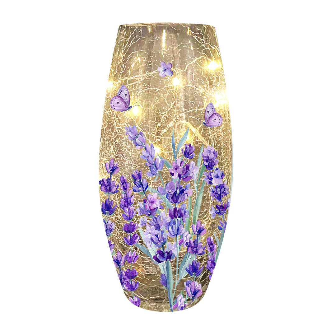 Decorative vase with purple floral design and butterfly elements on a white background