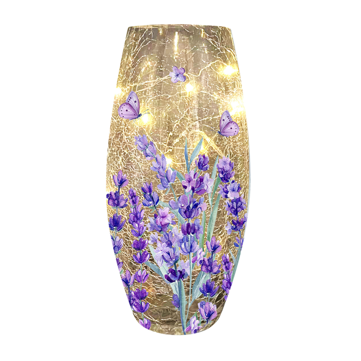 Decorative vase with purple floral design and butterfly elements on a white background
