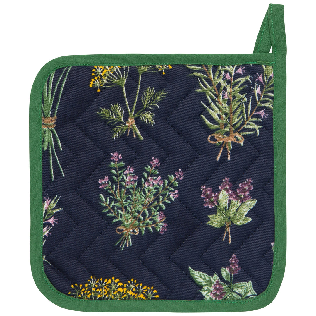 Quilted pot holder with herb pattern on a navy background