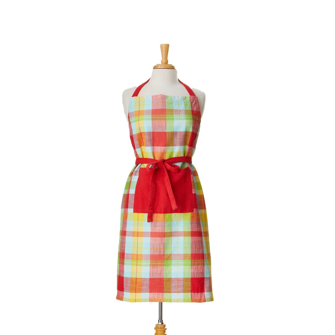 Colorful plaid apron with a red waistband on a mannequin against a white background