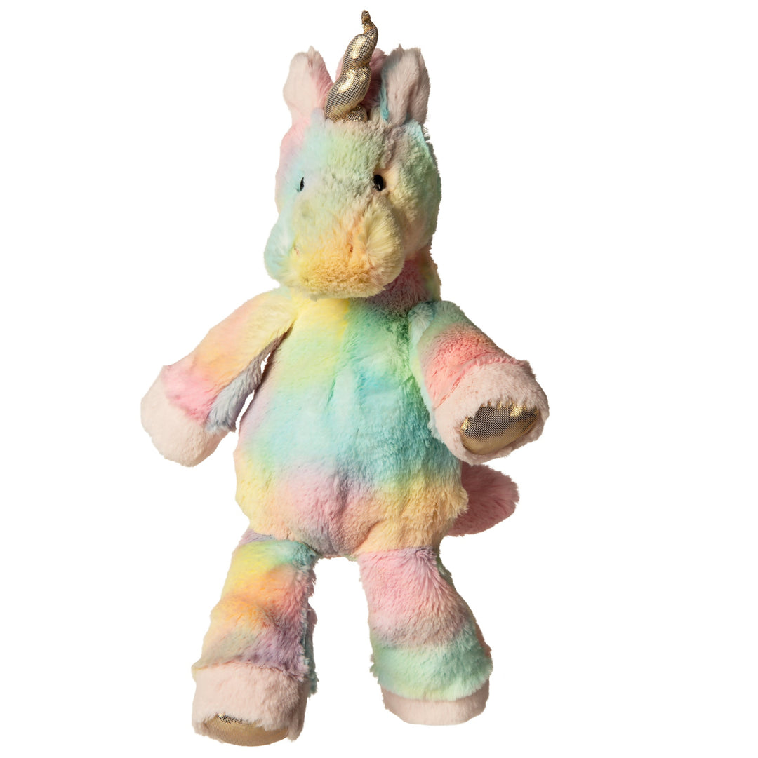 Pastel-colored unicorn plush toy on a white background