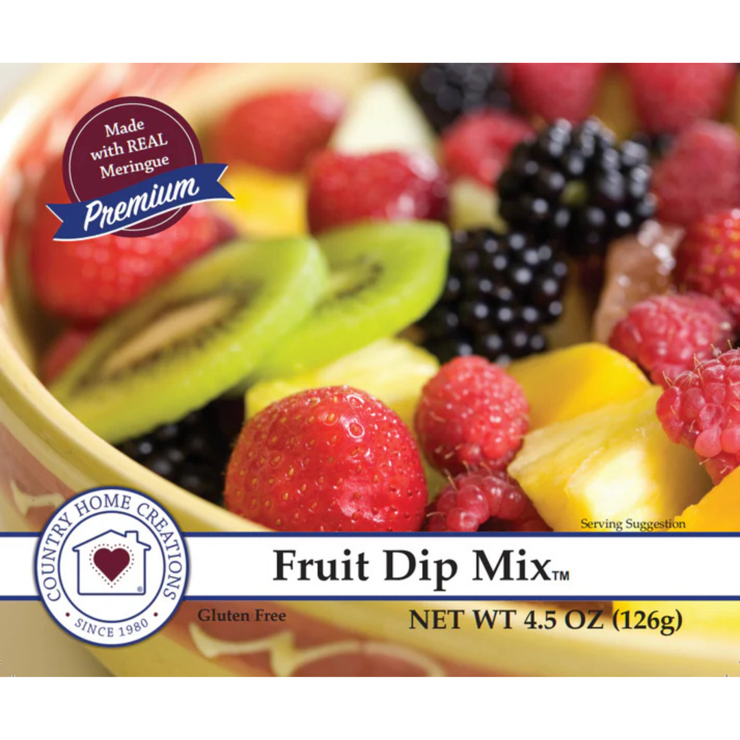 Fruit dip mix packaging with fresh fruits and brand logo.