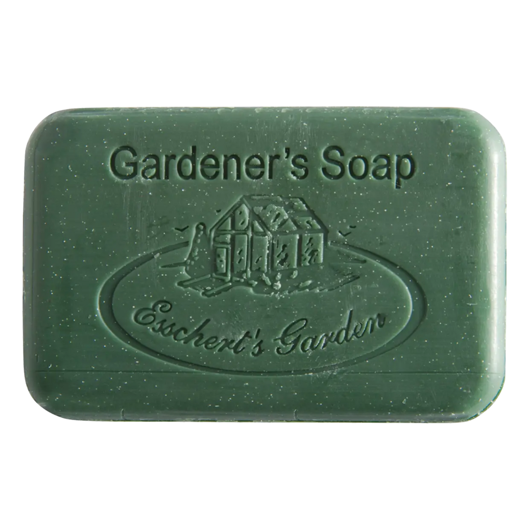 Green bar of soap with 'Gardener's Soap' and 'Eschert's Garden' branding on a white background