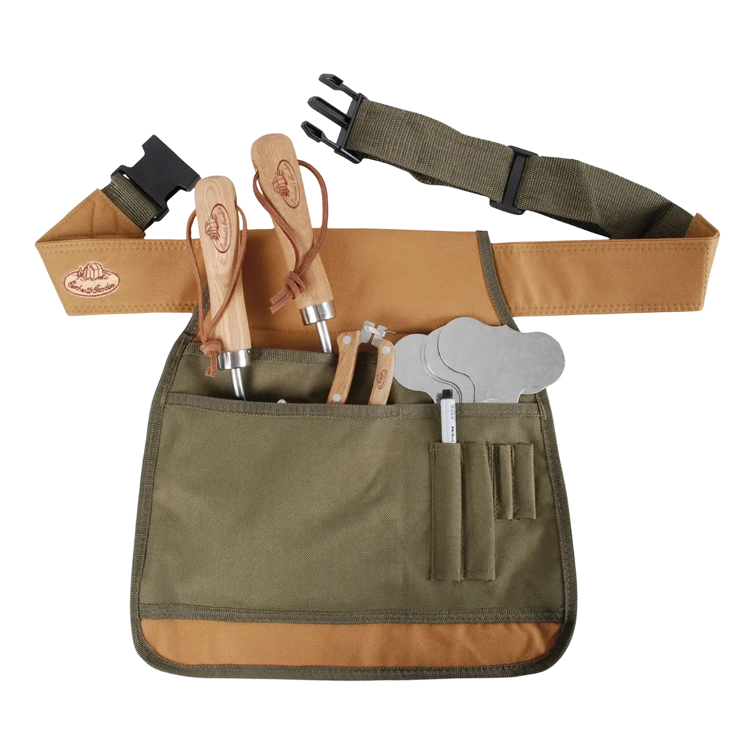 Tool belt with various tools on a white background