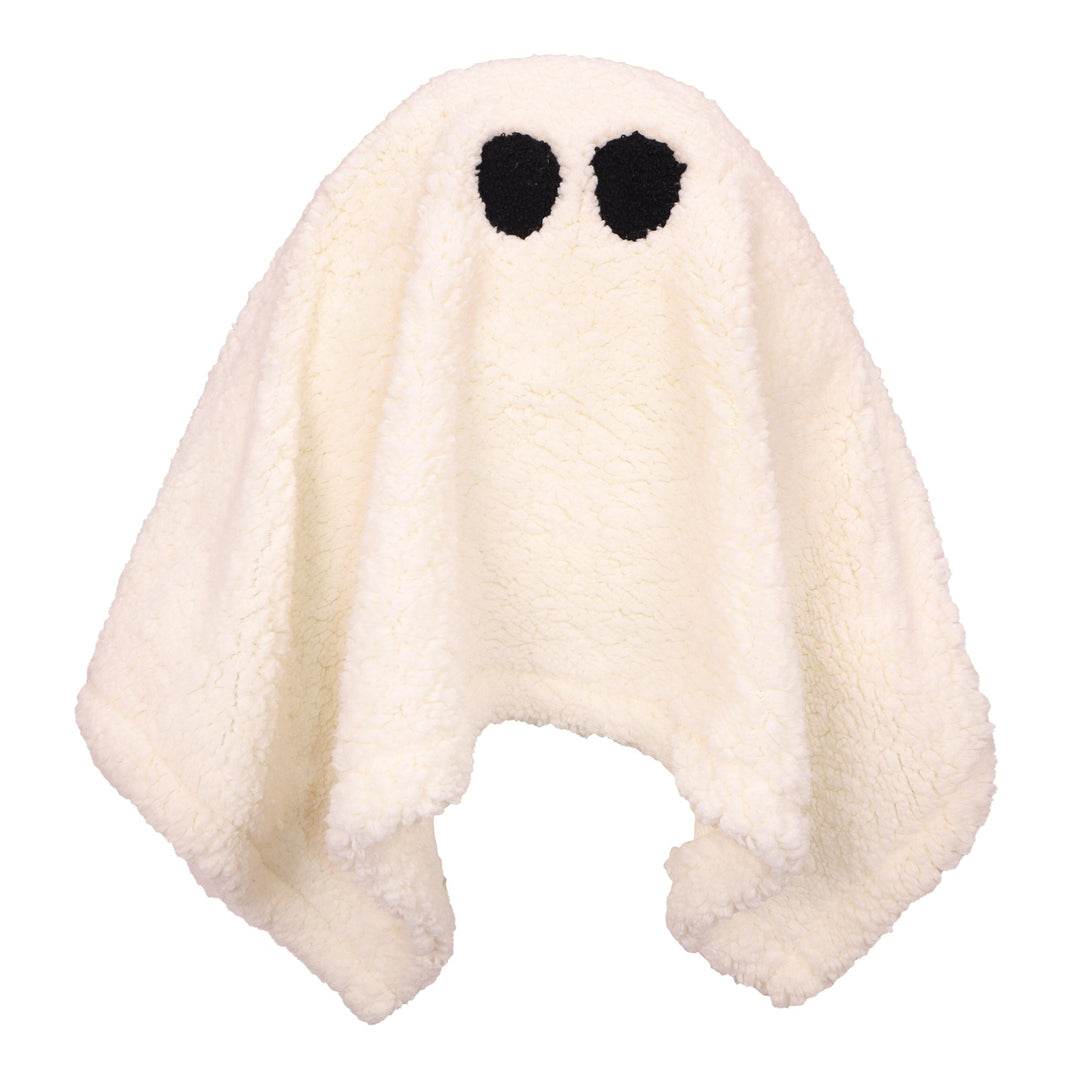 A plush white ghost-shaped blanket or throw with two black embroidered eyes, shown on a plain white background.