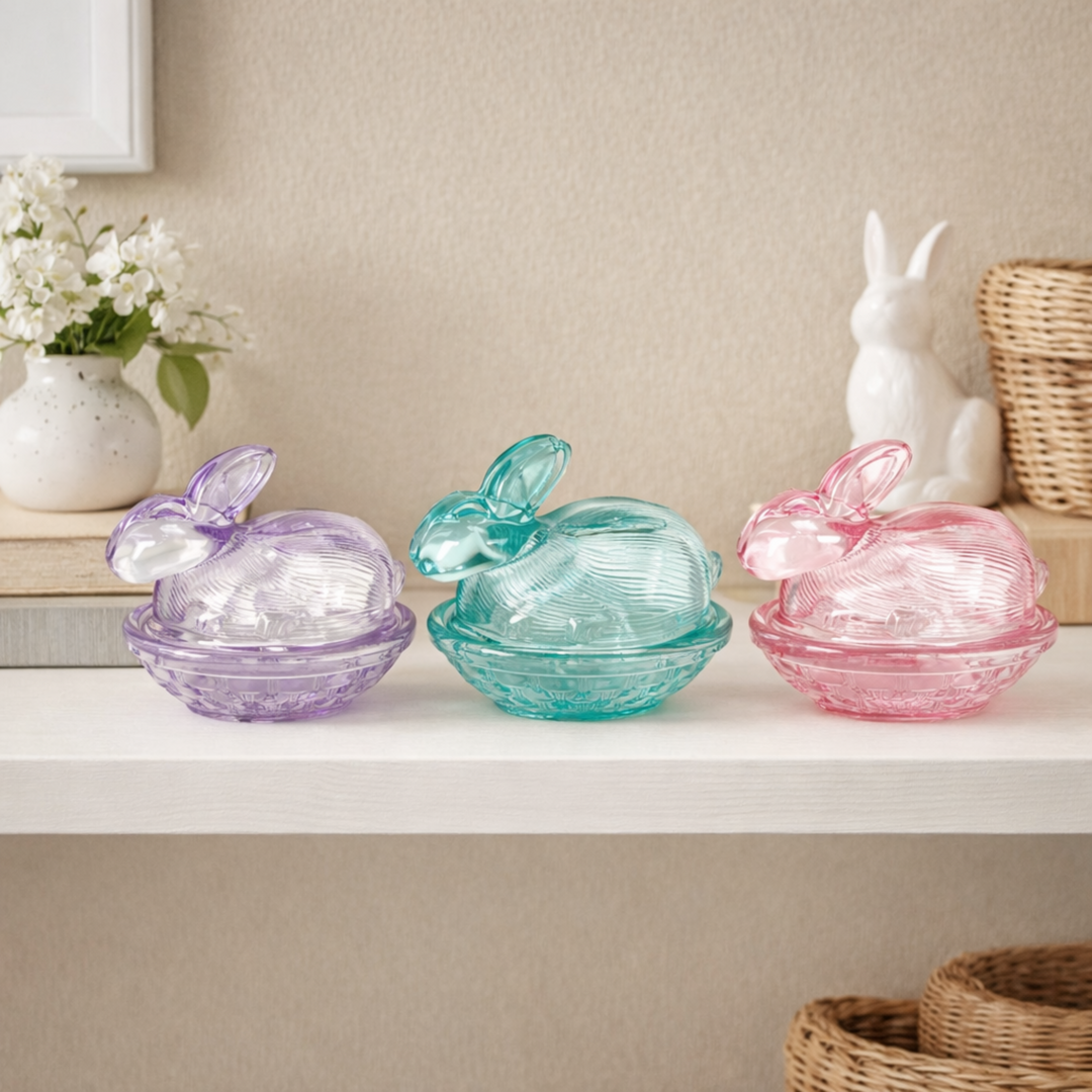 Three colorful rabbit-shaped glass containers on a shelf with decorative items in the background.