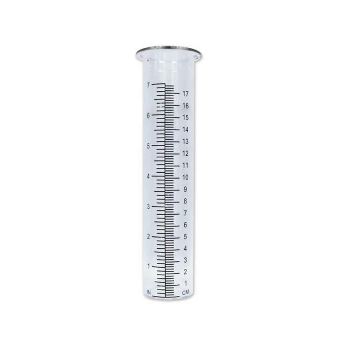 Clear rain gauge with measurement markings on a white background