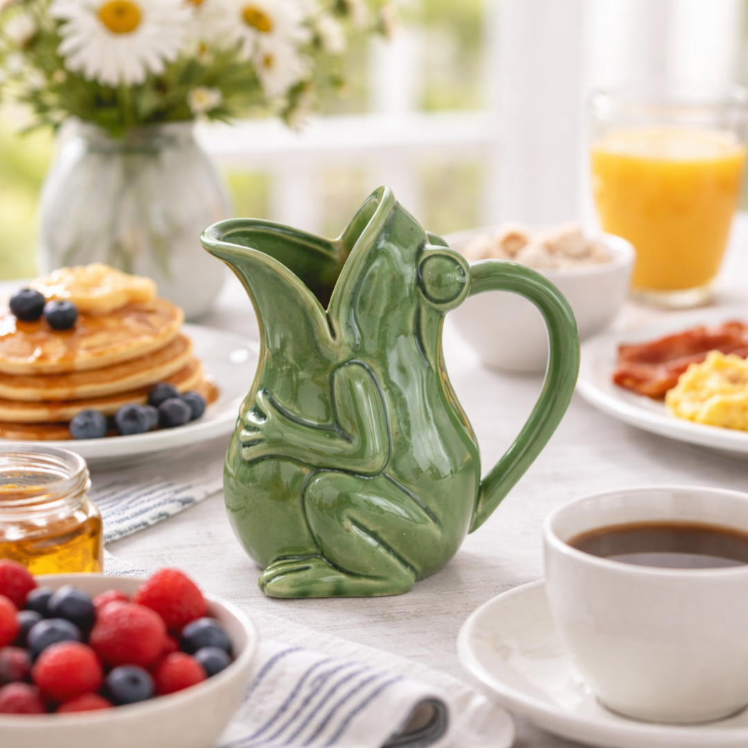Green ceramic pitcher on a breakfast table with pancakes, berries, and coffee.