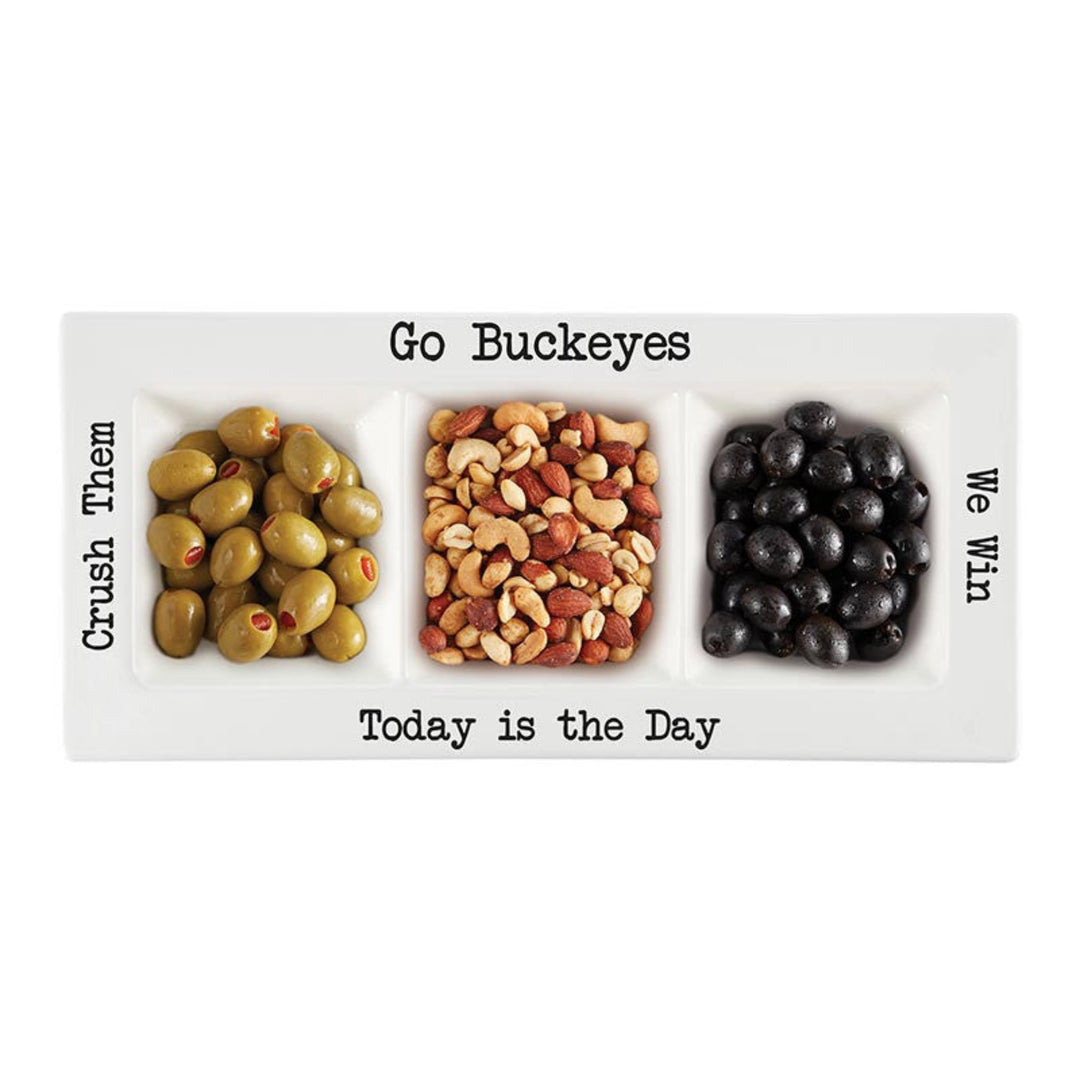Three types of nuts on a tray with text 'Go Buckeyes', 'Crush Them', and 'We Win' on a white background.