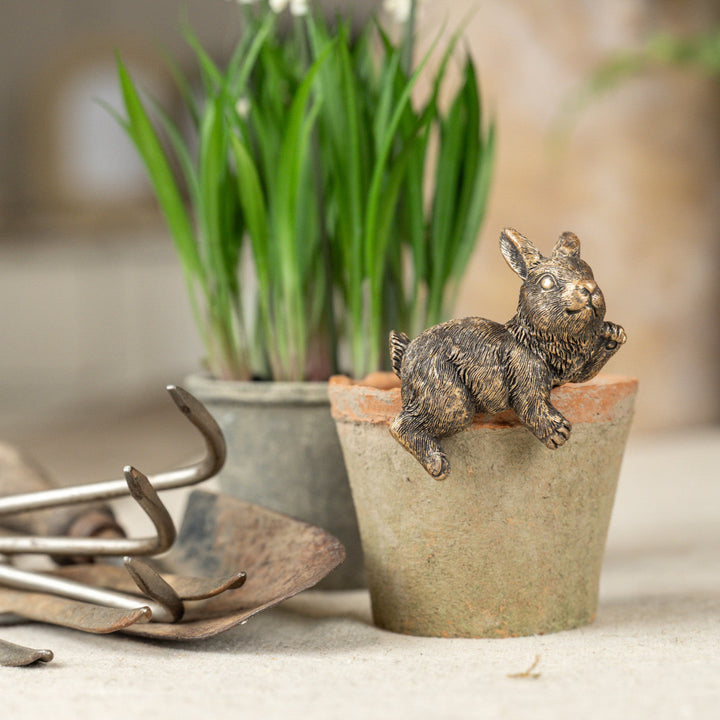 Bronze rabbit sculpture on a pot with a blurred plant and tools in the background