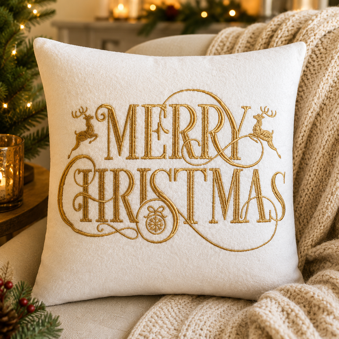 A square off-white throw pillow with gold embroidered 'MERRY CHRISTMAS' lettering and reindeer, resting on a beige armchair with a knitted blanket and a blurred Christmas tree in the background.