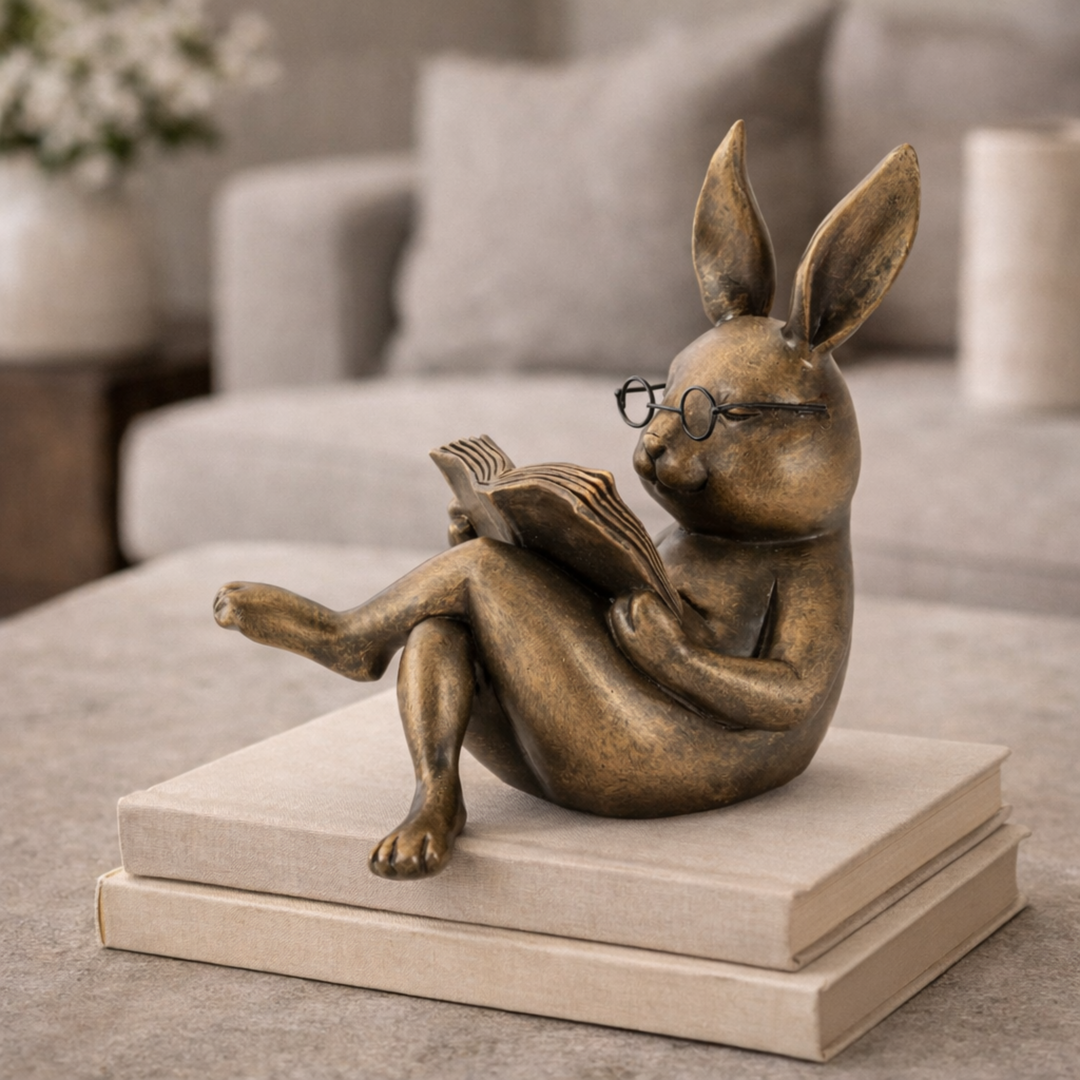 gold reading rabbit on top of books in a living room