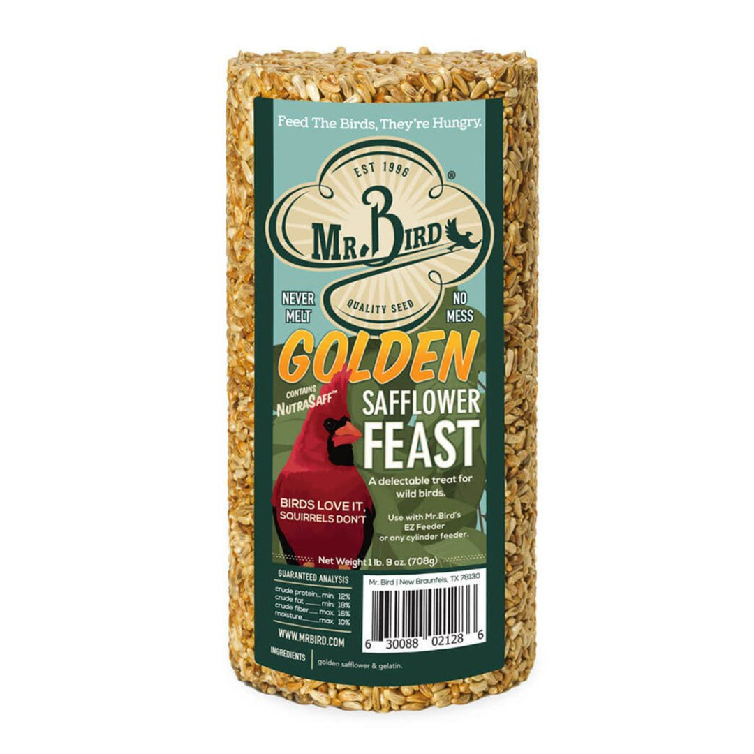 Bird seed package labeled 'Mr. Bird Golden Safflower Feast' on a white background