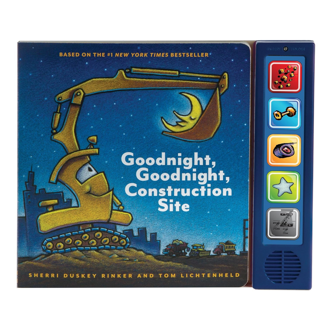 Children's book titled 'Goodnight, Goodnight, Construction Site' with a construction vehicle illustration on the cover.
