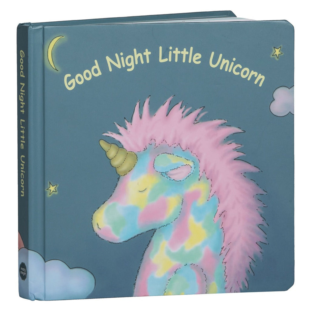 Children's book titled 'Good Night Little Unicorn' with a colorful unicorn illustration on a blue background.