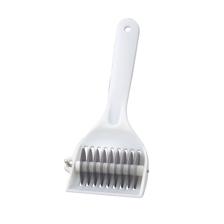 A white plastic pet grooming nail clipper tool with a handle and a multi-toothed cutting edge, isolated on a white background.