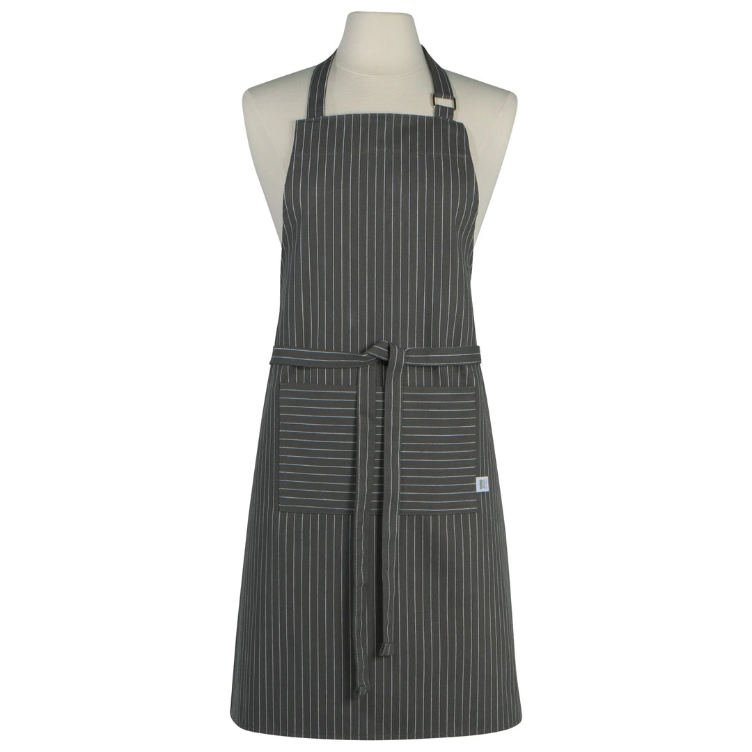 Gray apron with white stripes on a mannequin against a white background