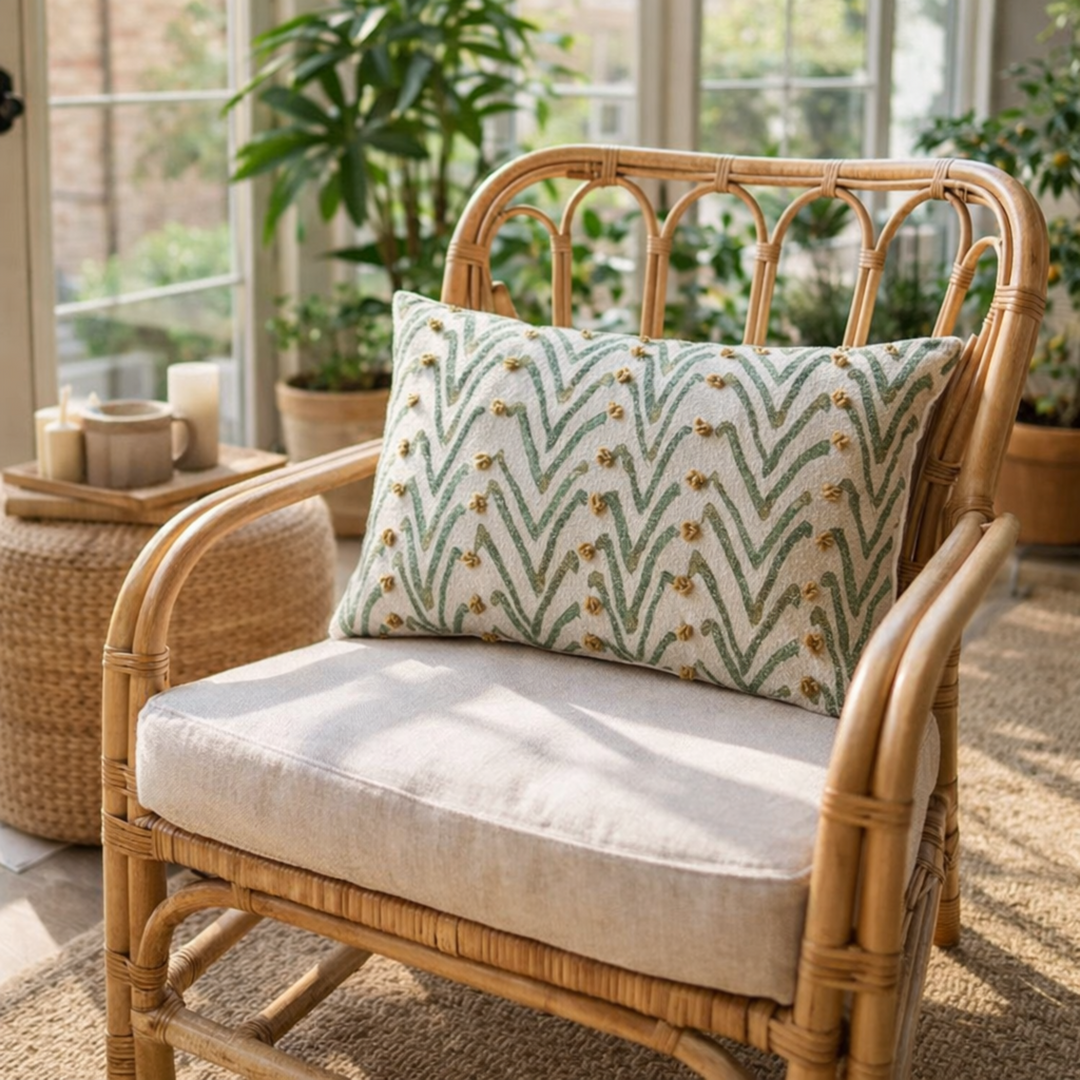 Wicker chair with a patterned pillow in a sunlit room with plants