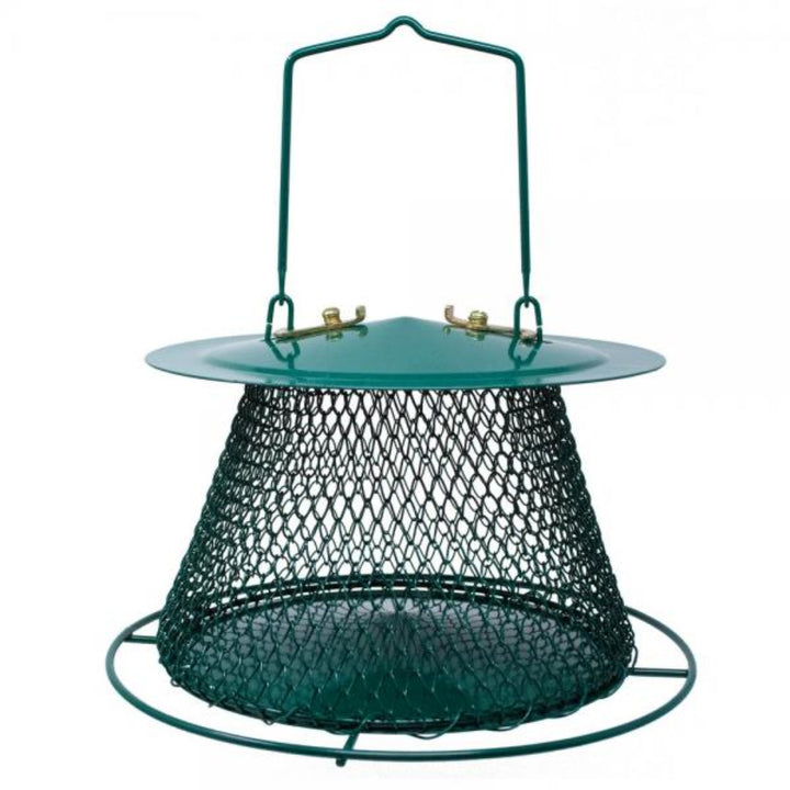 Green bird feeder with mesh bottom on a white background