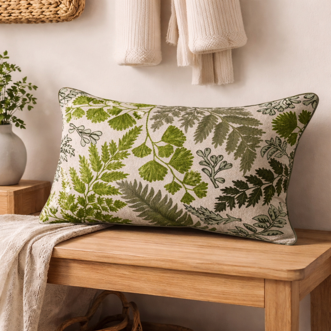 Decorative pillow with green leaf pattern on a wooden bench
