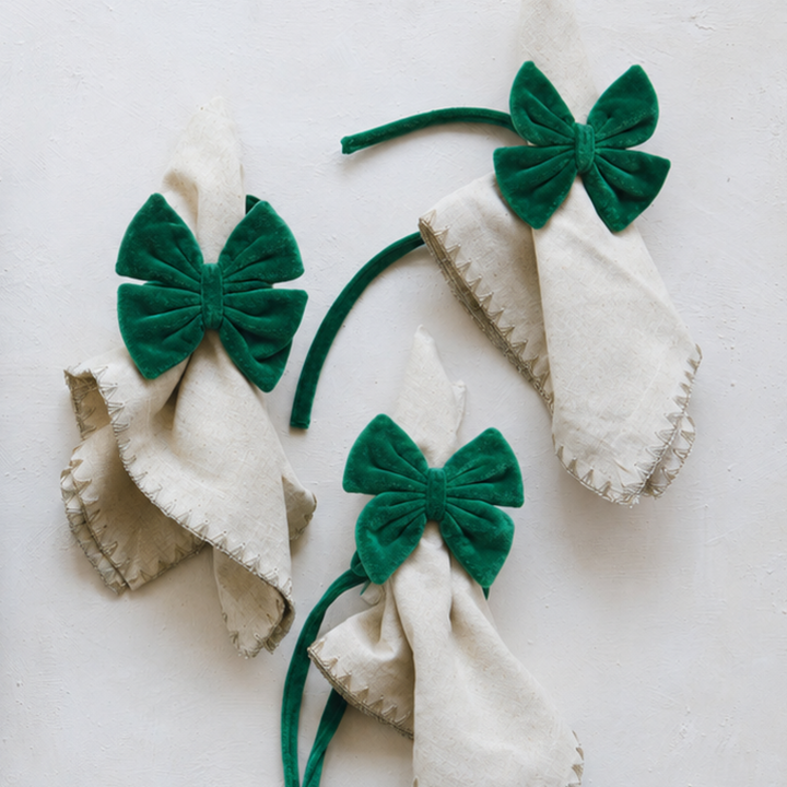 Green Velvet Bow Napkin Tie Set