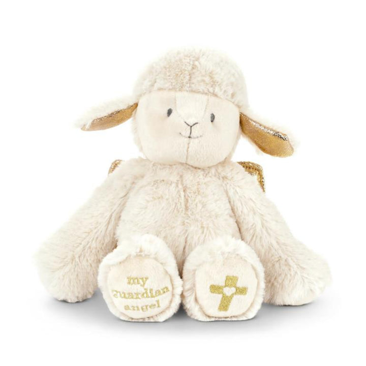 Plush lamb toy with 'my guardian angel' and cross on a white background