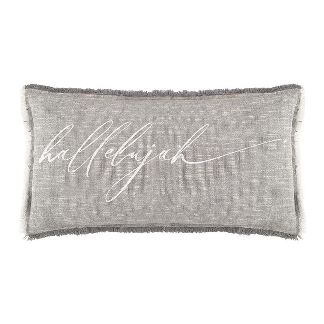 Gray pillow with 'hallelujah' text on a white background