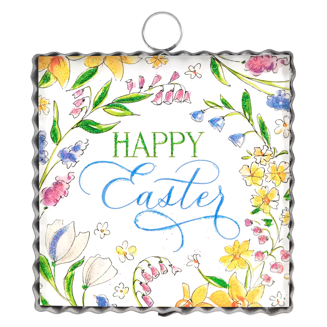Decorative sign with floral designs and 'Happy Easter' text on a white background