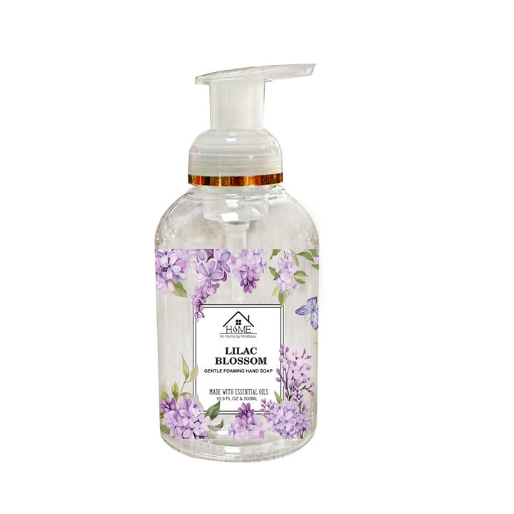 Foaming hand soap bottle with lilac blossom design on label
