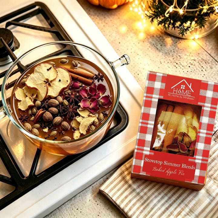 A glass pot filled with simmering apple tea on a stovetop beside a red-and-white checkered box labeled Home Sweet Summer Blends Stovetop Summer Blends. The scene includes warm string lights, a countertop, and a striped cloth, creating a cozy kitchen setting.