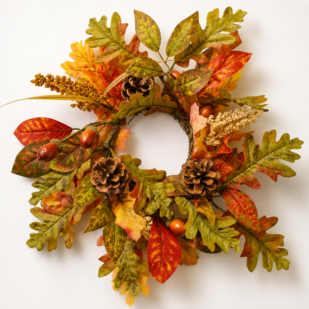An autumn-themed artificial wreath featuring faux oak leaves in shades of green, yellow, and orange, accented with pinecones, acorns, and small dried floral sprigs on a plain white background.