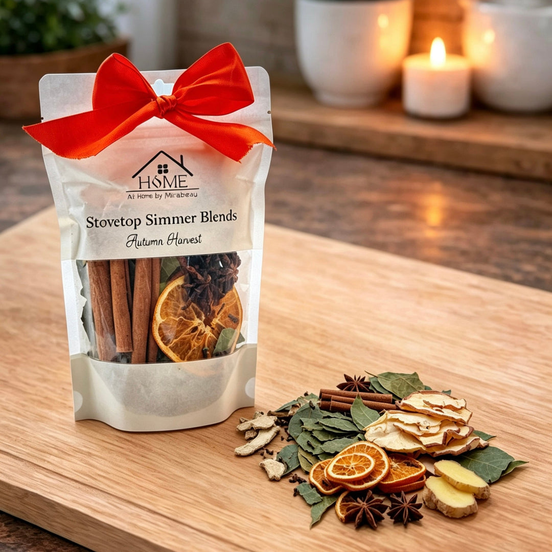 A stand-up pouch of stovetop simmer blends with a bright red bow, placed on a wooden cutting board with loose dried spices and citrus slices beside it. The pouch label reads Home by the Sea and Stovetop Simmer Blends, Autumn Harvest.