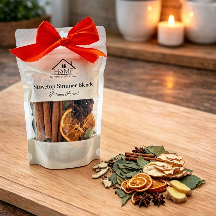 A stand-up pouch of stovetop simmer blends with a bright red bow, placed on a wooden cutting board with loose dried spices and citrus slices beside it. The pouch label reads Home by the Sea and Stovetop Simmer Blends, Autumn Harvest.