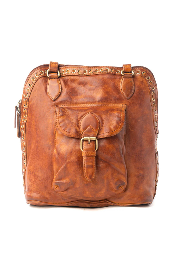 Brown leather backpack with gold accents on a white background