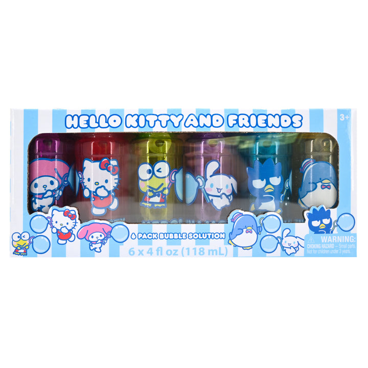 Packaging of Hello Kitty and Friends bubble solution bottles with colorful characters on a white background.