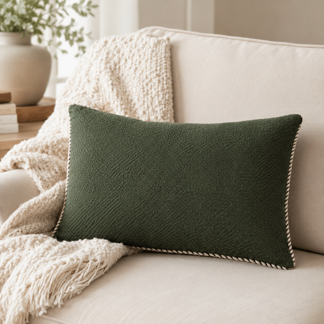 A dark green textured lumbar throw pillow with a twisted rope trim, styled on a cream sofa with a chunky knit cream throw blanket.