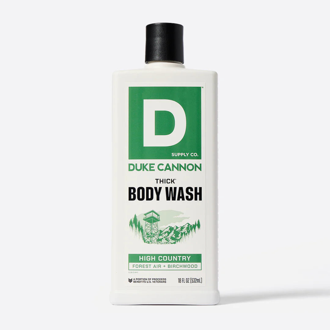 Duke Cannon body wash bottle on a white background