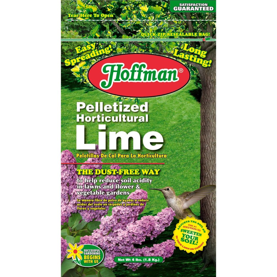 Hoffman Pelletized Horticultural Lime package with green background and lime tree, flowers, and bird.
